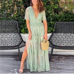 Elegant Green Lace Maxi Dress boho romper overlay